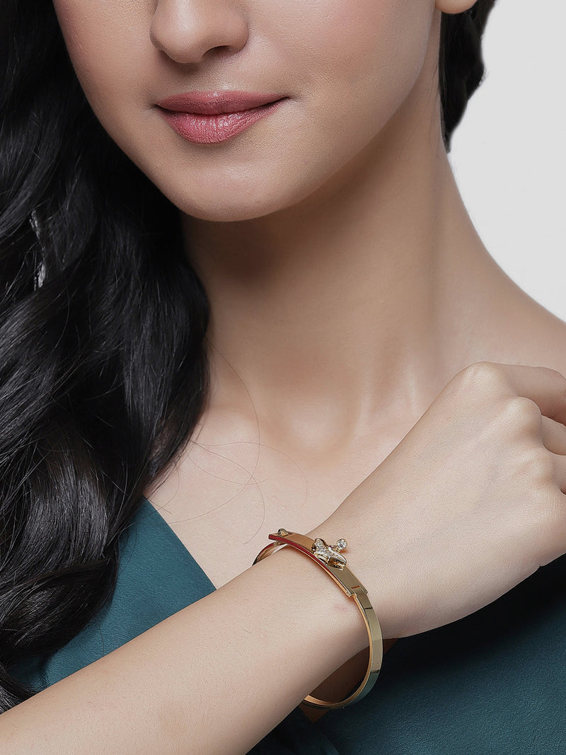 Gold Plated Minimal Design Drop CZ Studded Cuff Bracelet Set Of 2