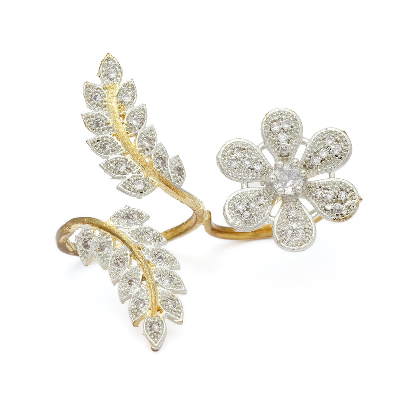 Gold-Plated Flower & Leaf Shaped White Cubic Zirconia Studded  Ring