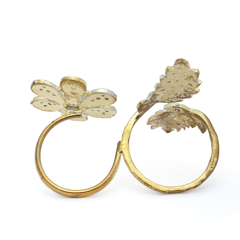 Gold-Plated Flower & Leaf Shaped White Cubic Zirconia Studded  Ring