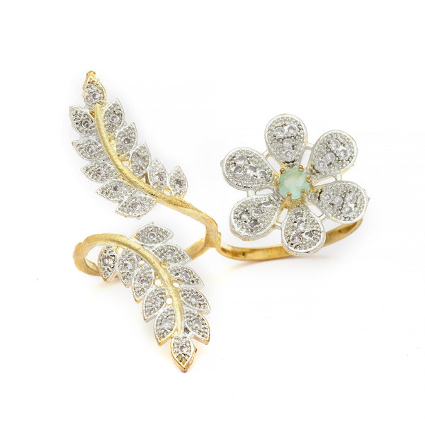 Gold-Plated Floral & Leaf Shaped Sea Green & White Cubic Zirconia Studded  Ring