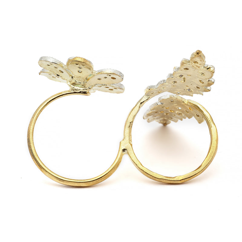 Gold-Plated Floral & Leaf Shaped Sea Green & White Cubic Zirconia Studded  Ring