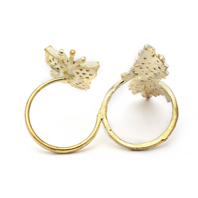 Gold-Plated  Flower & Leaf Shaped Sea Green Cubic Zirconia Studded  Ring