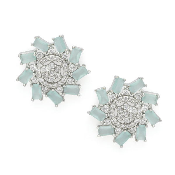 Rhodium-Plated Sea Green & White American Diamond studded Floral Shaped Handcrafted Stud Earrings