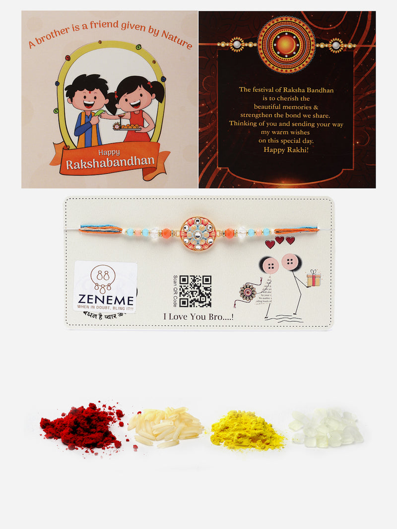 Traditional Orange Artificial Beads & Stones Studded Rakhi