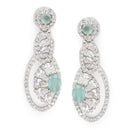 Rhodium-Plated Sea Green American Diamond studded Oval & Quirky Shaped Drop Earrings