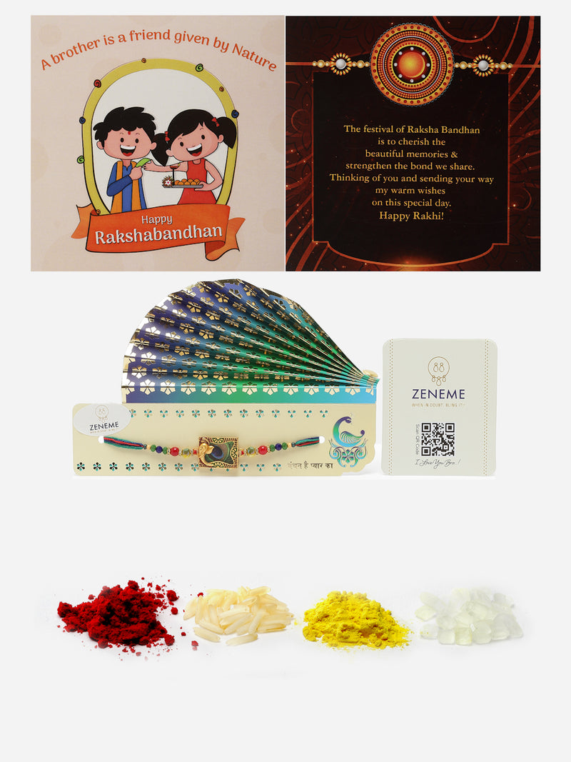 Traditional Ganesh ji with Peacock Feather Design & Multicolor Beads Rakhi