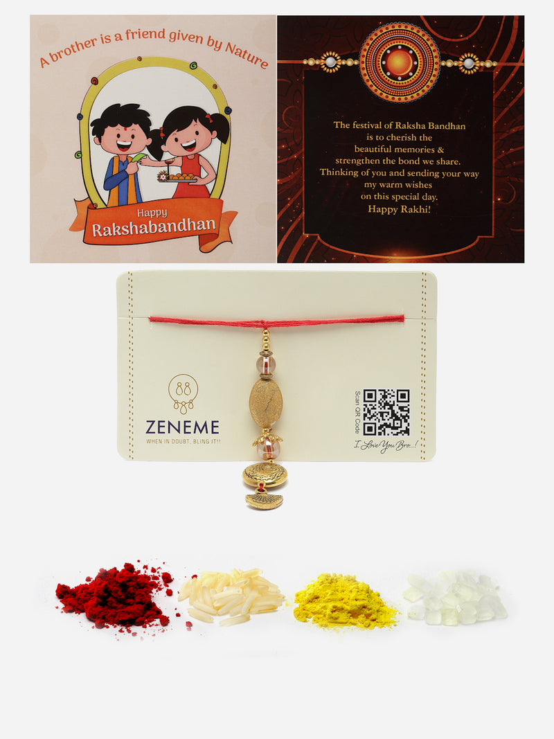 Gold-Plated Engraved Charm Lumba Rakhi For Bhabhi
