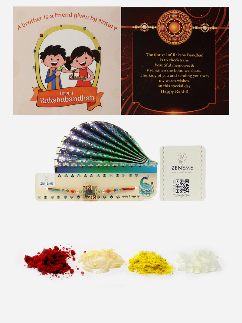Traditional Peacock Design Artificial Beads Studded Radhe Radhe Embossed Rakhi