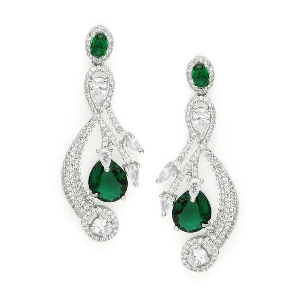 Rhodium-Plated Green American Diamond studded Quirky Shaped Drop Earrings