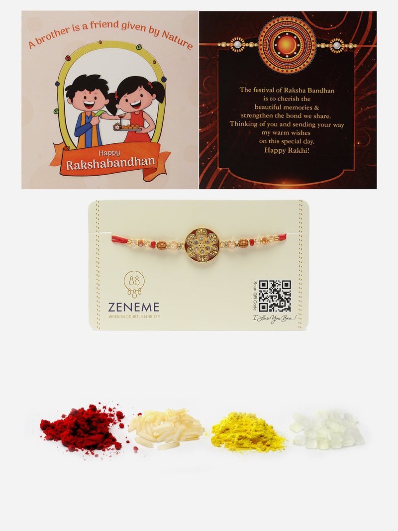 Gold Plated  Floral Enamelled Charm & Beads Stringed Rakhi
