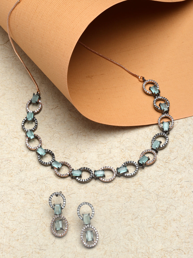 Rose Gold-Plated Gunmetal Toned Sea Green American Diamond Studded Disc-Shaped Necklace & Earrings Jewellery Set