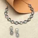 Rose Gold-Plated Gunmetal Toned Sea Green American Diamond Studded Disc-Shaped Necklace & Earrings Jewellery Set