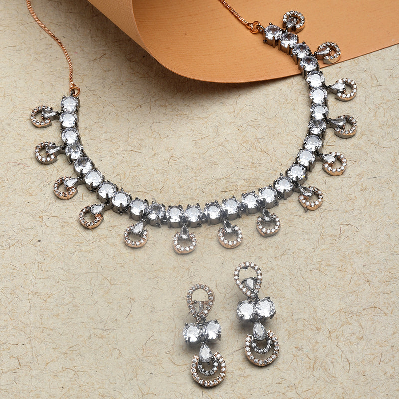 Rose Gold-Plated Gunmetal Toned White American Diamonds Studded Contemporary Necklace & Earrings Jewellery Set