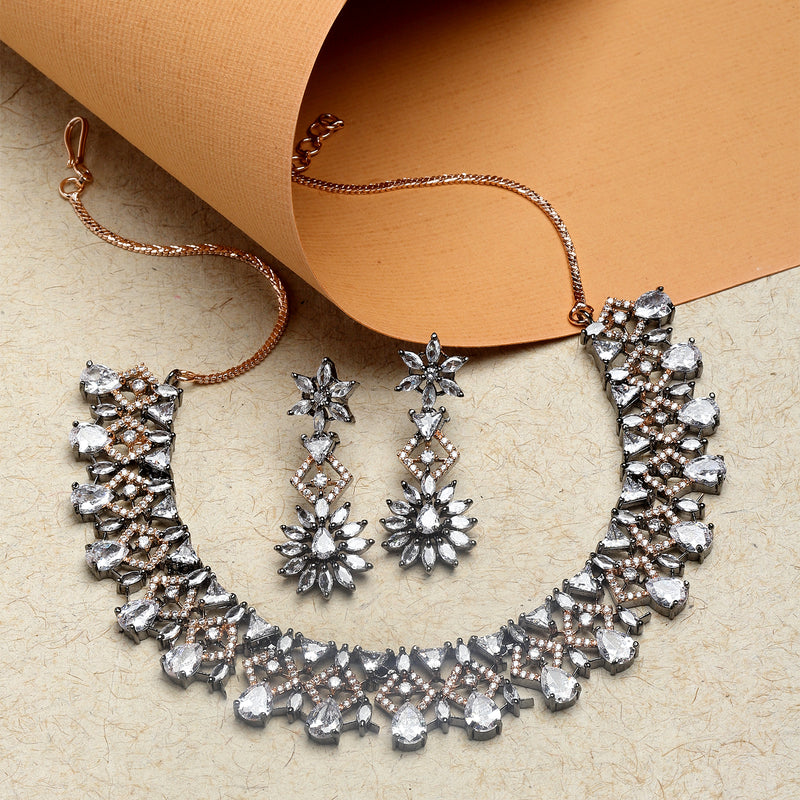 Rose Gold-Plated Gunmetal Toned White Dribble Shape American Diamonds Studded Necklace & Earrings Jewellery Set