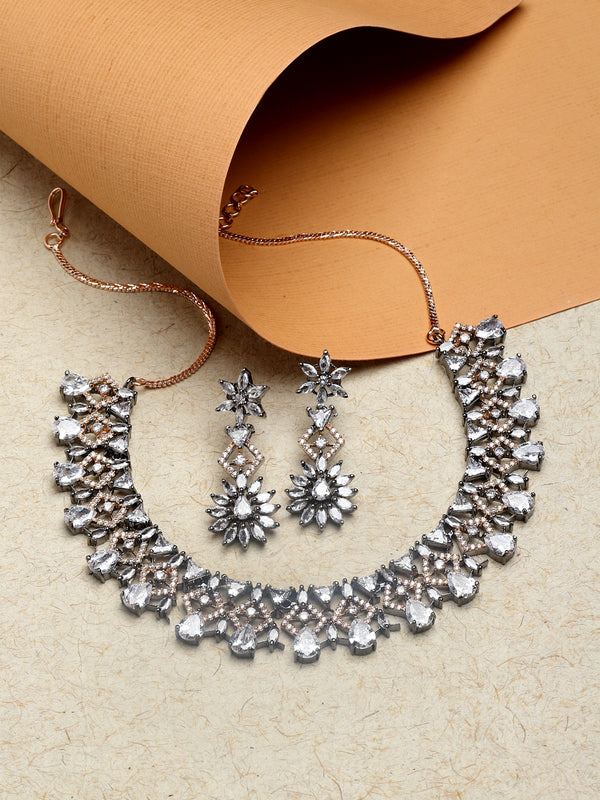 Rose Gold-Plated Gunmetal Toned White Dribble Shape American Diamonds Studded Necklace & Earrings Jewellery Set