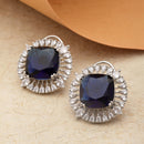 Rhodium-Plated Navy Blue & White American Diamond studded Contemporary Round Stud Earrings