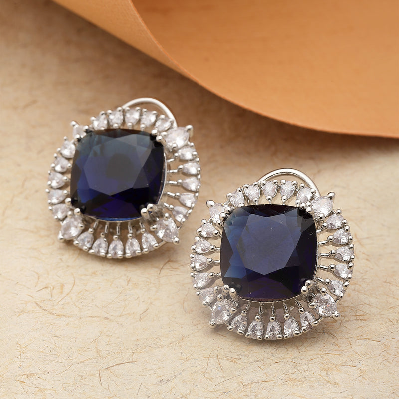 Rhodium-Plated Navy Blue & White American Diamond studded Contemporary Round Stud Earrings