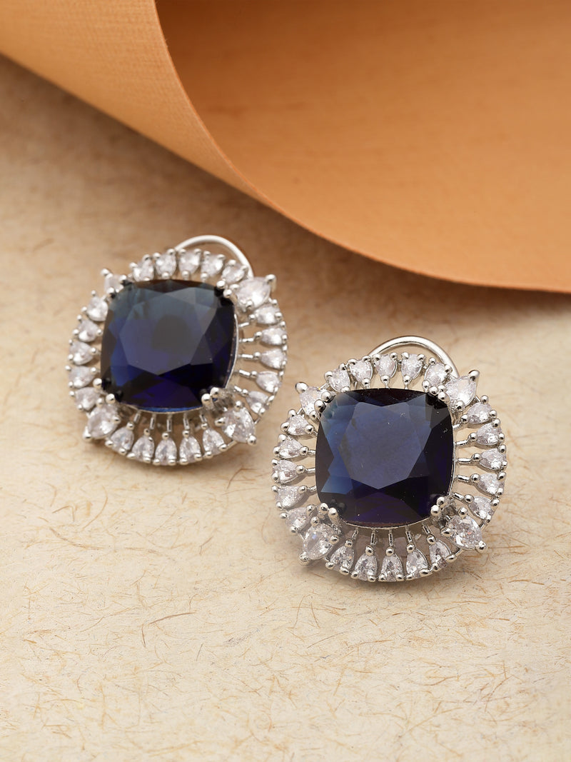Rhodium-Plated Navy Blue & White American Diamond studded Contemporary Round Stud Earrings