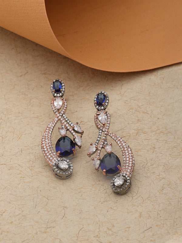 Rose Gold-Plated Gunmetal Toned Navy Blue American Diamond studded Quirky Shaped Drop Earrings