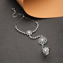 Rhodium Plated Silver Toned Flower White American Diamond Studded Hand Chain Link Ring Bracelet