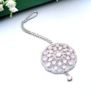Rhodium Plated Silver Toned Pink & White American Diamond Studded Bridal Maang Tikka