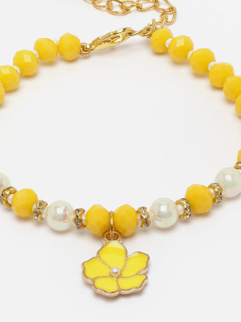 Gold Plated Gold Toned Yellow Floral Charm Studded Rakhi | Friendship Bracelet