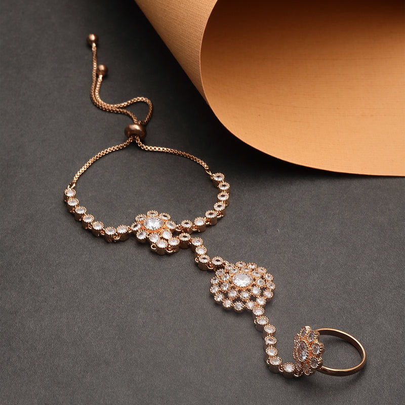 Rose Gold-Plated Flower White American Diamond Studded Hand Chain Link Ring Bracelet