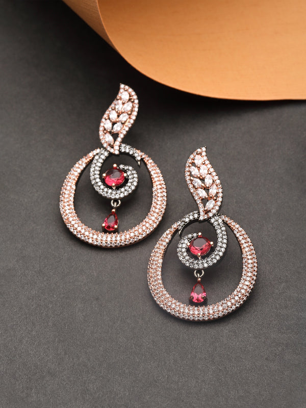 Rose Gold-Plated Gunmetal Toned Red American Diamond studded Oval Shaped Drop Earrings