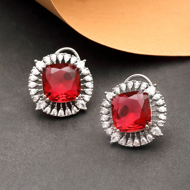 Rhodium-Plated Red & White American Diamond studded Contemporary Round Stud Earrings
