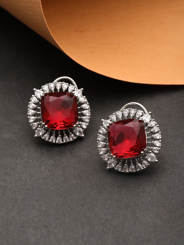Rhodium-Plated Red & White American Diamond studded Contemporary Round Stud Earrings