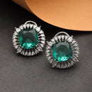 Rhodium-Plated Emerald Green & White American Diamond studded Contemporary Round Stud Earrings