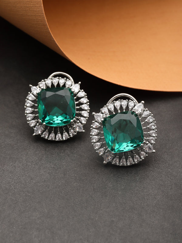 Rhodium-Plated Emerald Green & White American Diamond studded Contemporary Round Stud Earrings