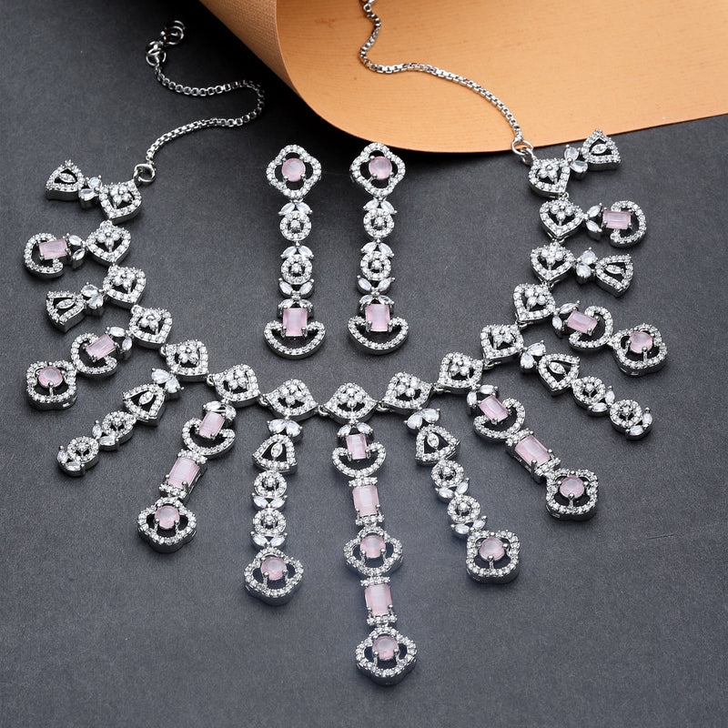 Rhodium-Plated Pink American Diamond Studded Floral Tasselled Necklace & Earrings Jewellery Set