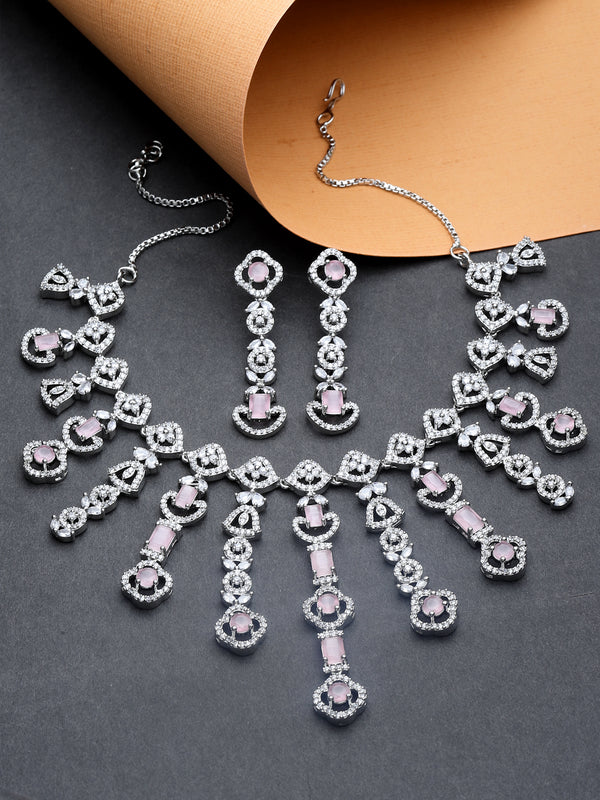 Rhodium-Plated Pink American Diamond Studded Floral Tasselled Necklace & Earrings Jewellery Set