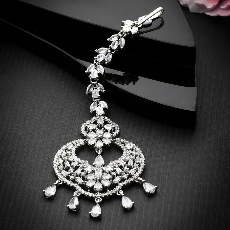 Rhodium Plated Silver Toned American Diamond  Maang Tikka with Elegant Dangling Stones
