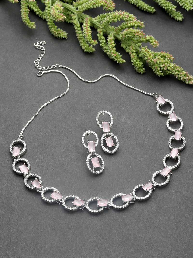 Rhodium-Plated Pink American Diamond Studded Disc-Shaped Necklace & Earrings Jewellery Set