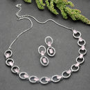 Rhodium-Plated Pink American Diamond Studded Disc-Shaped Necklace & Earrings Jewellery Set