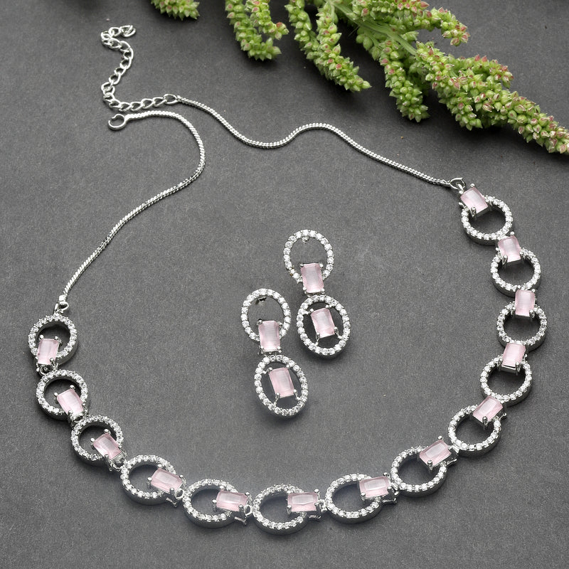 Rhodium-Plated Pink American Diamond Studded Disc-Shaped Necklace & Earrings Jewellery Set