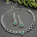 Rhodium-Plated Green American Diamonds Studded Ovate Shaped Necklace & Earrings Jewellery Set