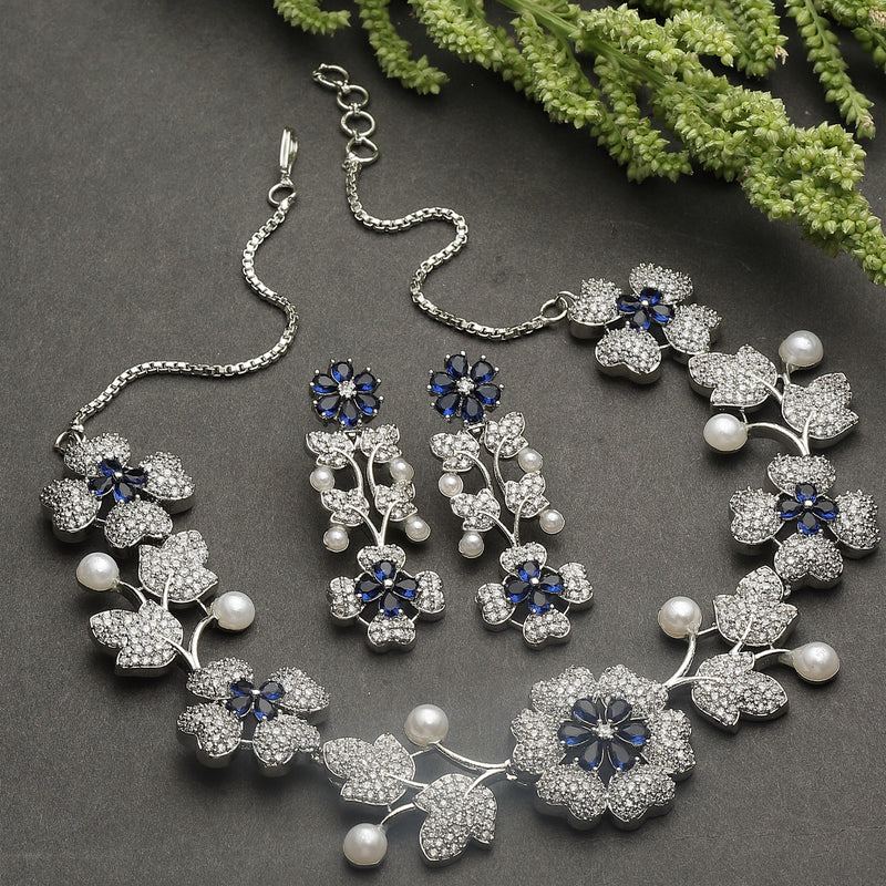 Rhodium-Plated Navy Blue Cubic Zirconia Studded Floral Theme Necklace & Earrings Jewellery Set