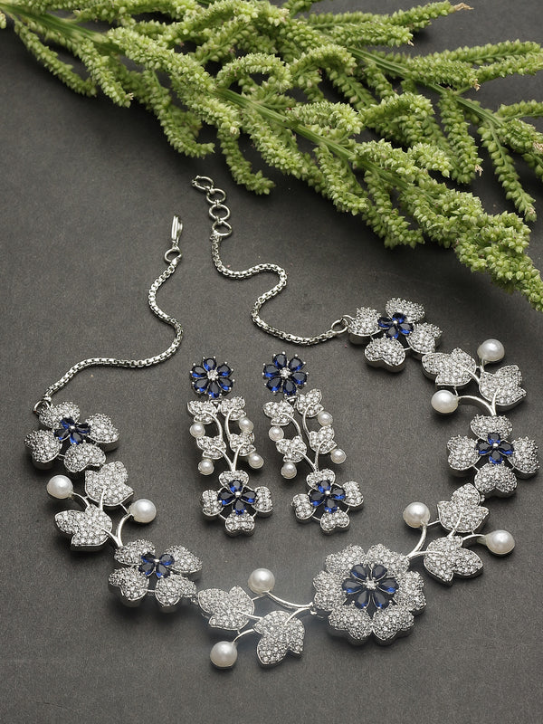 Rhodium-Plated Navy Blue Cubic Zirconia Studded Floral Theme Necklace & Earrings Jewellery Set