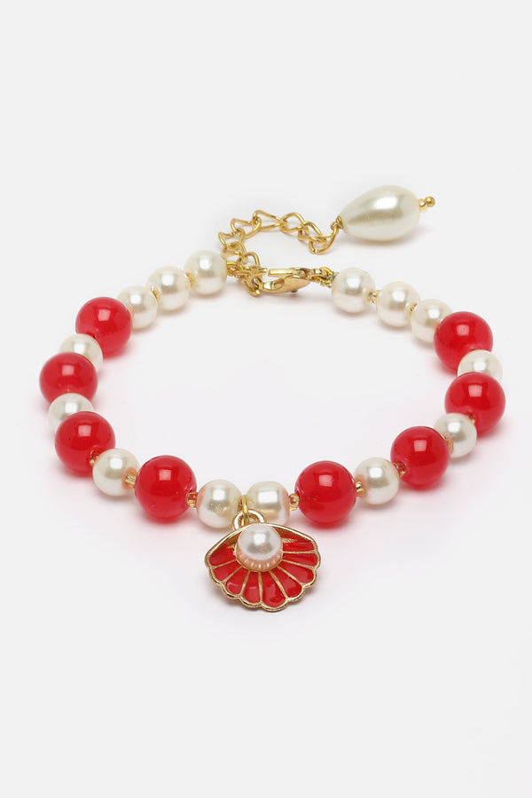 Gold Plated Gold Toned Red Shell Charm Studded Rakhi Bracelet