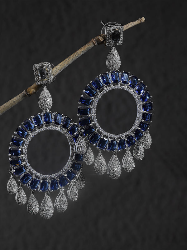 Rhodium-Plated Navy Blue American Diamond studded Circular Shape Dangle Earrings