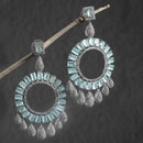 Rhodium-Plated Sea Green American Diamond studded Circular Shape Dangle Earrings
