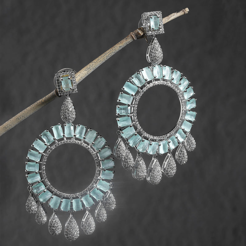 Rhodium-Plated Sea Green American Diamond studded Circular Shape Dangle Earrings