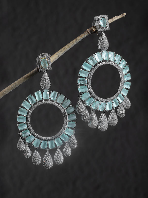 Rhodium-Plated Sea Green American Diamond studded Circular Shape Dangle Earrings