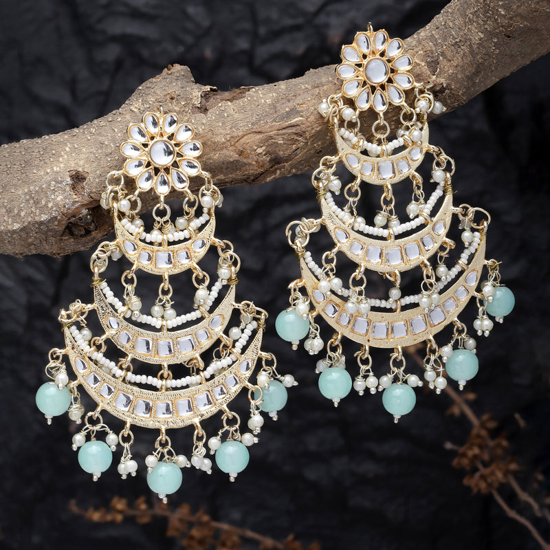 Gold-Plated Sea Green Pearls & Kundan studded Crescent Shaped Vilandi Drop Earrings