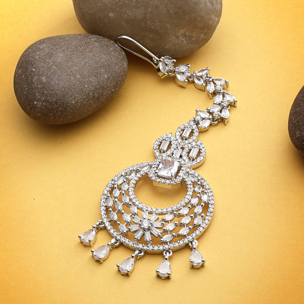 Rhodium Plated Silver Toned American Diamond  Maang Tikka with Elegant Dangling Stones