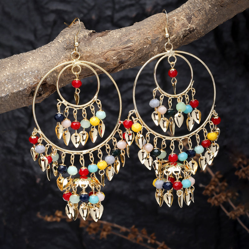 Gold-Plated Multi-Coloured Artificial Stones studded Circular Layered Drop Earrings