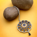 Rhodium Plated Silver Toned Blue & White American Diamond Studded Bridal Maang Tikka